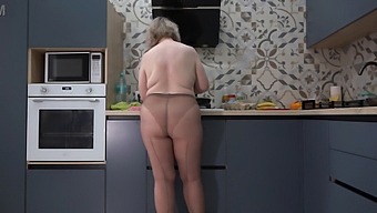 Curvy Wife In Nylon Pantyhose Offers Breakfast Options Including Herself And Scrambled Eggs.