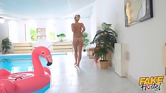 Nathaly Cherie, A Seasoned Milf, Indulges In Anal Pleasure With A Well-Endowed Man By The Pool In A Staged Hostel Setting